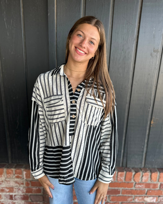 Black Striped Collared Top