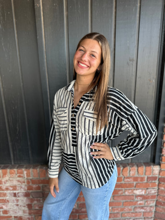 Black Striped Collared Top