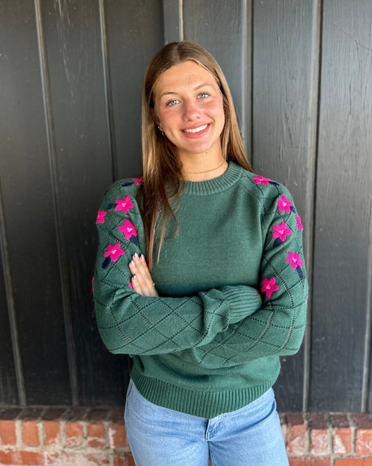 Green Floral Embroidery Bubble Sleeve Sweater
