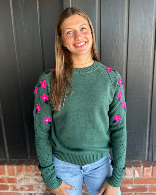 Green Floral Embroidery Bubble Sleeve Sweater