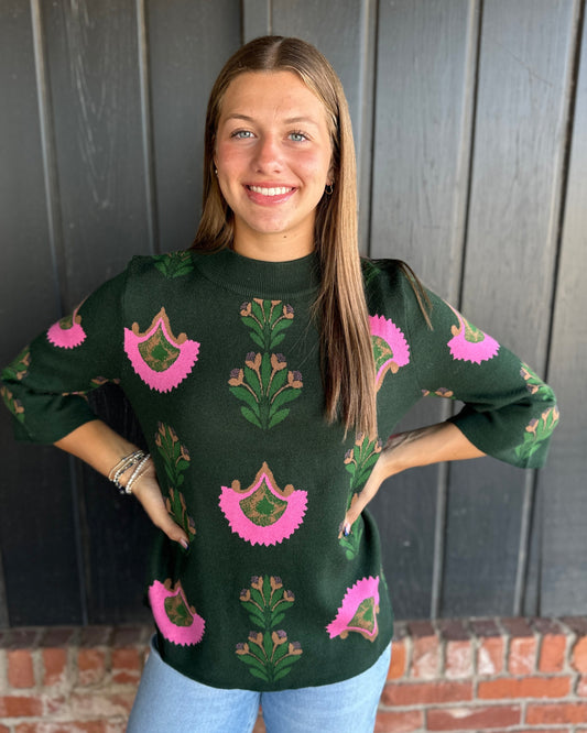 Hunter Green Floral Print Sweater Top