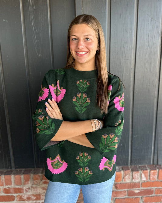 Hunter Green Floral Print Sweater Top