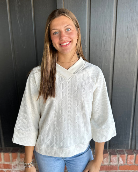 Ecru V Neck Textured Top