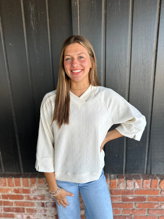 Ecru V Neck Textured Top