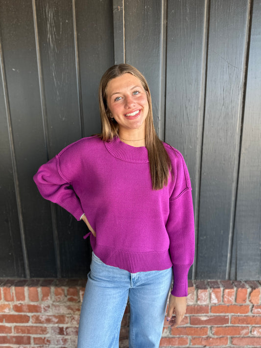 Plum Wide Neck Drop Shoulder Sweater