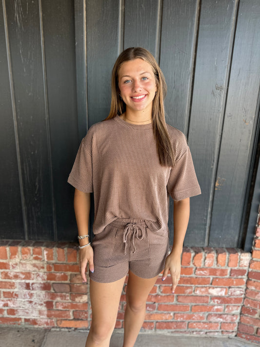 Brown Ribbed Short Set