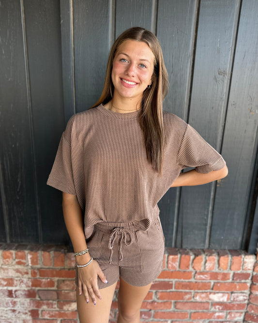Brown Ribbed Short Set