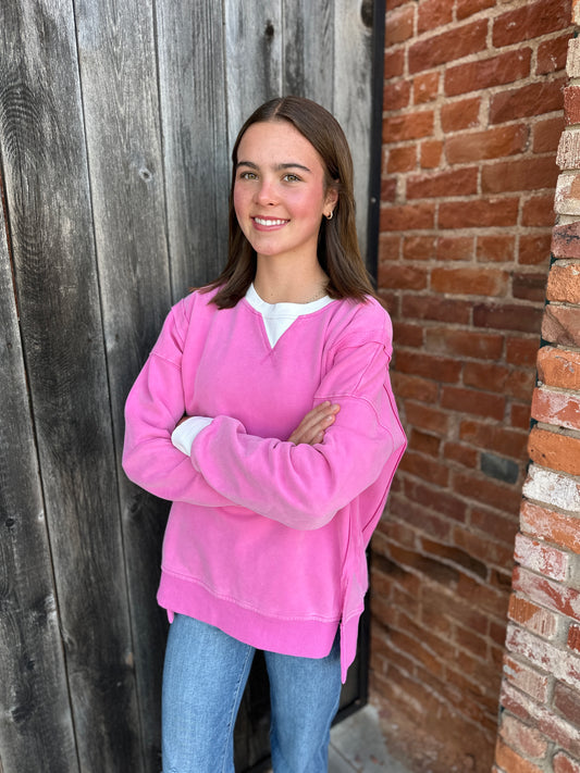 Pink Color Block Snow Wash Oversized Sweatshirt