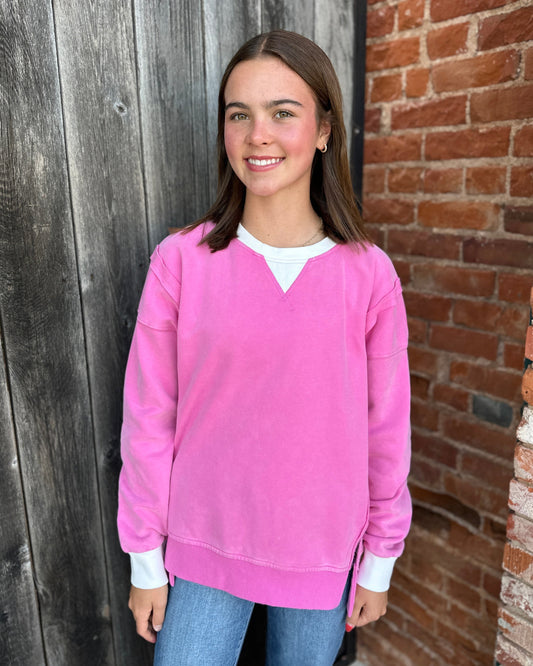 Pink Color Block Snow Wash Oversized Sweatshirt