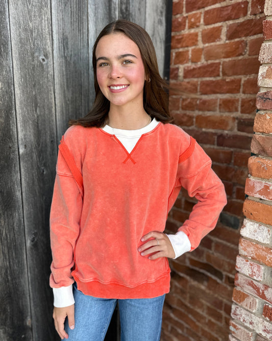 Orange Color Block Snow Wash Oversized Sweatshirt