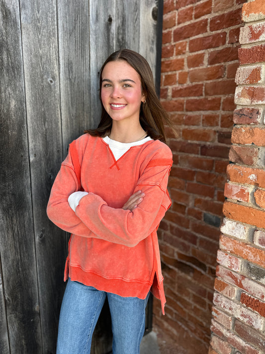 Orange Color Block Snow Wash Oversized Sweatshirt
