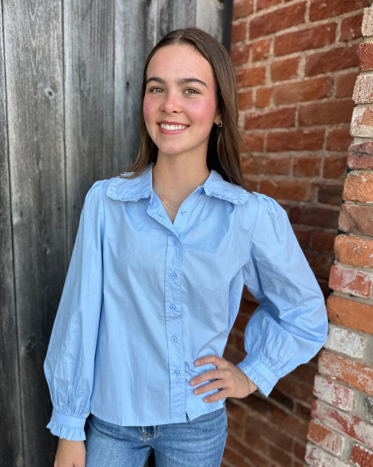 Chambray Ruffle Cuffed Long Sleeve Top