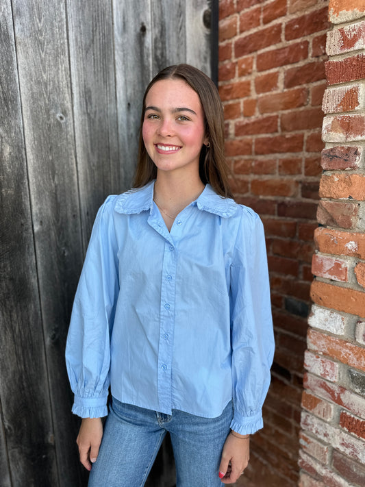 Chambray Ruffle Cuffed Long Sleeve Top