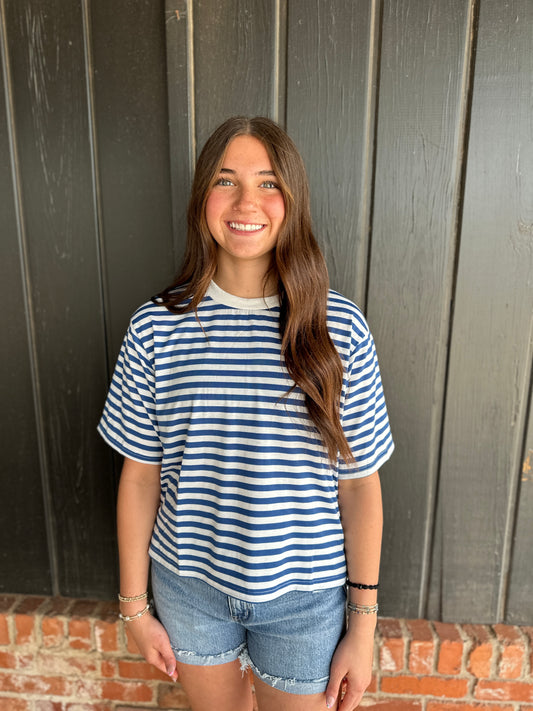 Blue Crew Neck Short Sleeve Striped Knit T-Shirt Top