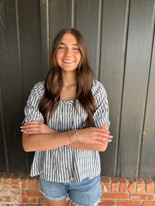 Navy Swiss Dot And Striped Round Neck Blouse