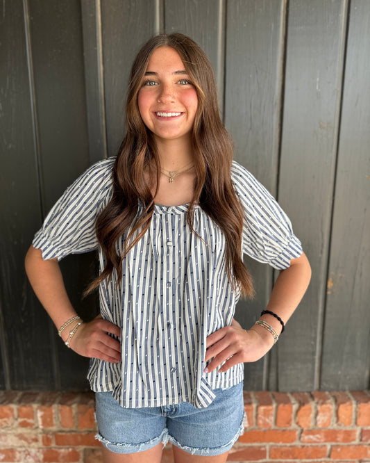 Navy Swiss Dot And Striped Round Neck Blouse