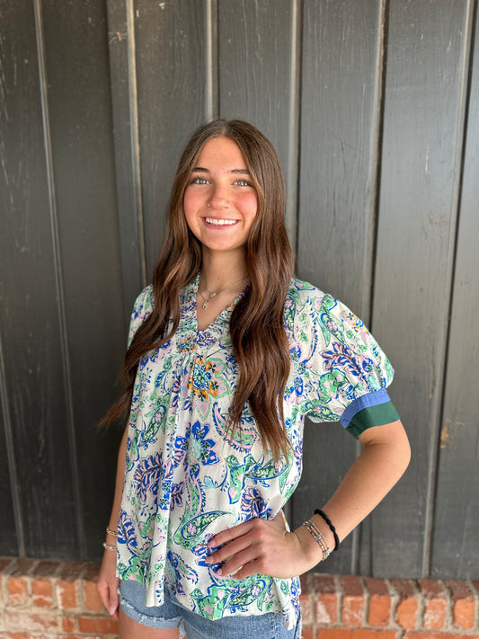 Green Mix Pattern Short Sleeve Top