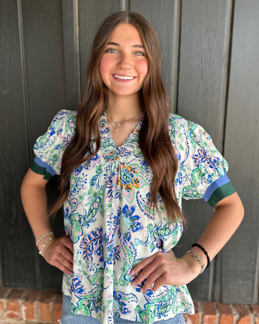 Green Mix Pattern Short Sleeve Top