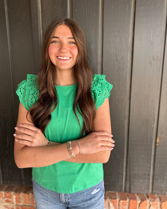 Kelly Green Crew Neck Eyelet Lace Ruffled Sleeve