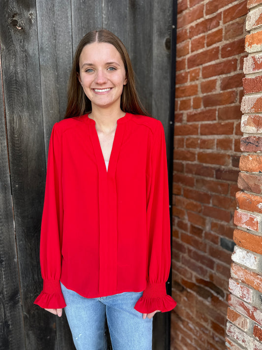 Red Solid Blouse with Smocked Sleeves