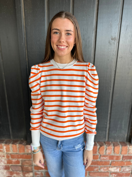 Orange Crew Neck Puff Sleeve Striped Knitted Sweater Top