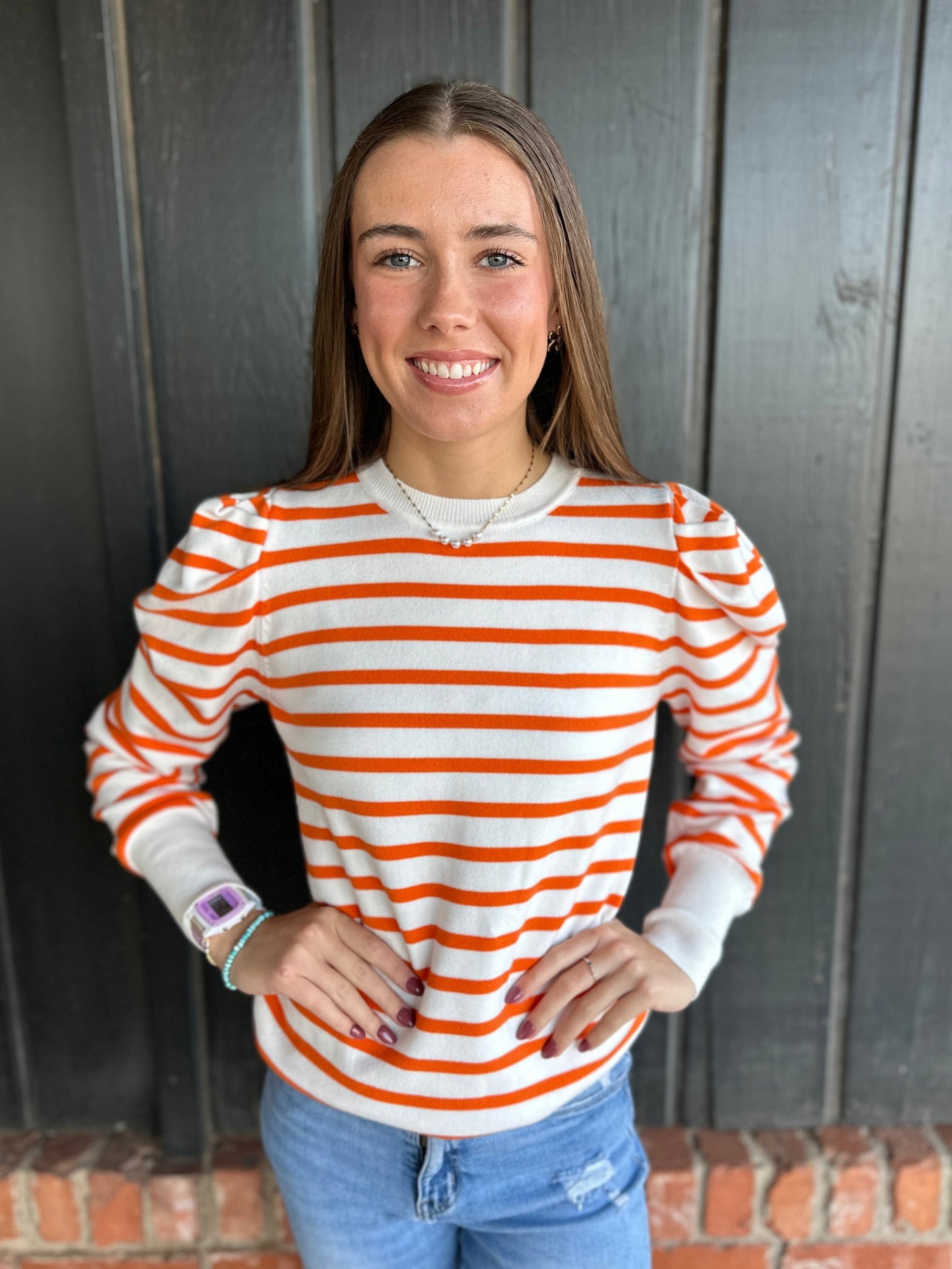 Orange Crew Neck Puff Sleeve Striped Knitted Sweater Top