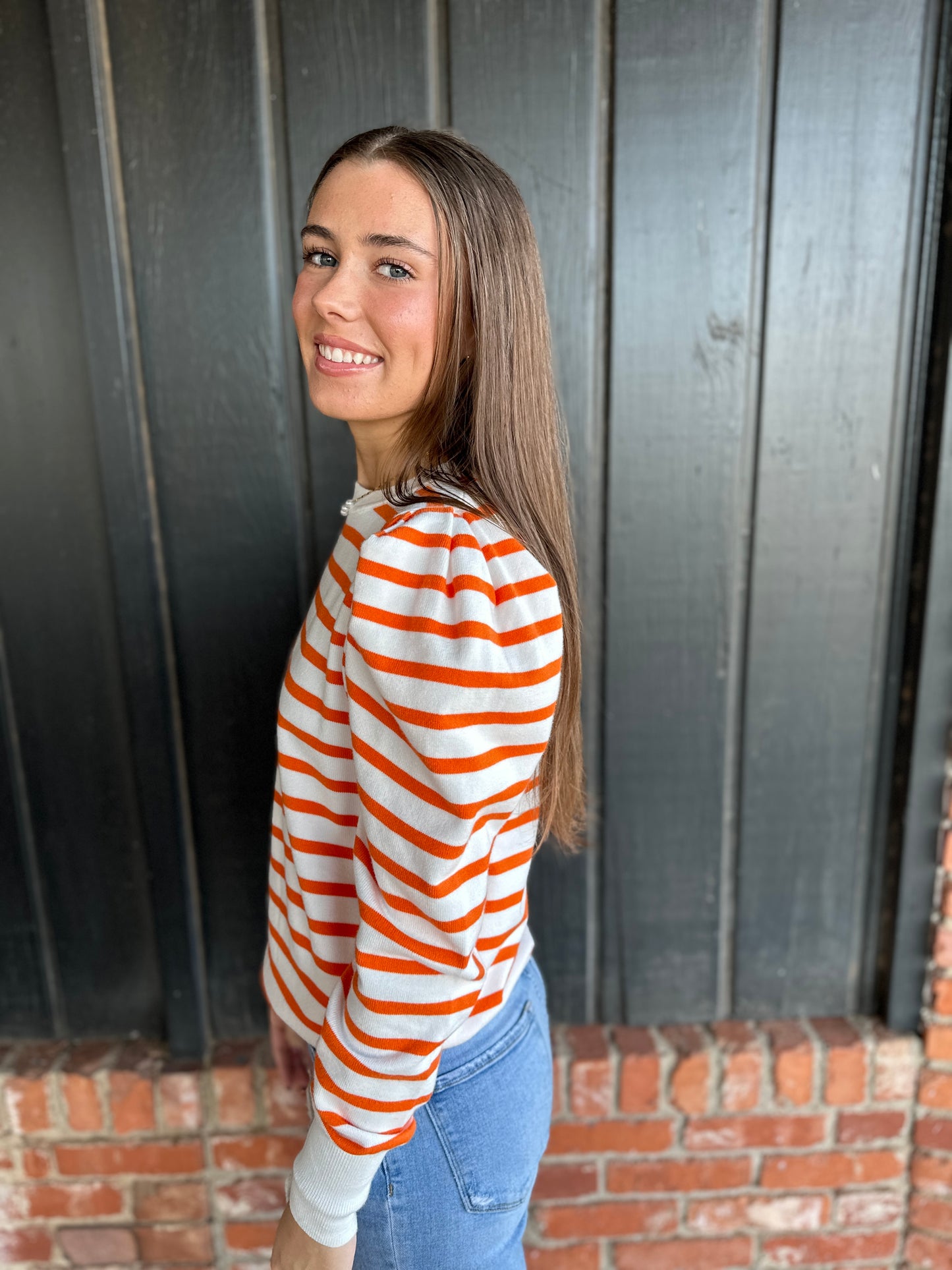 Orange Crew Neck Puff Sleeve Striped Knitted Sweater Top