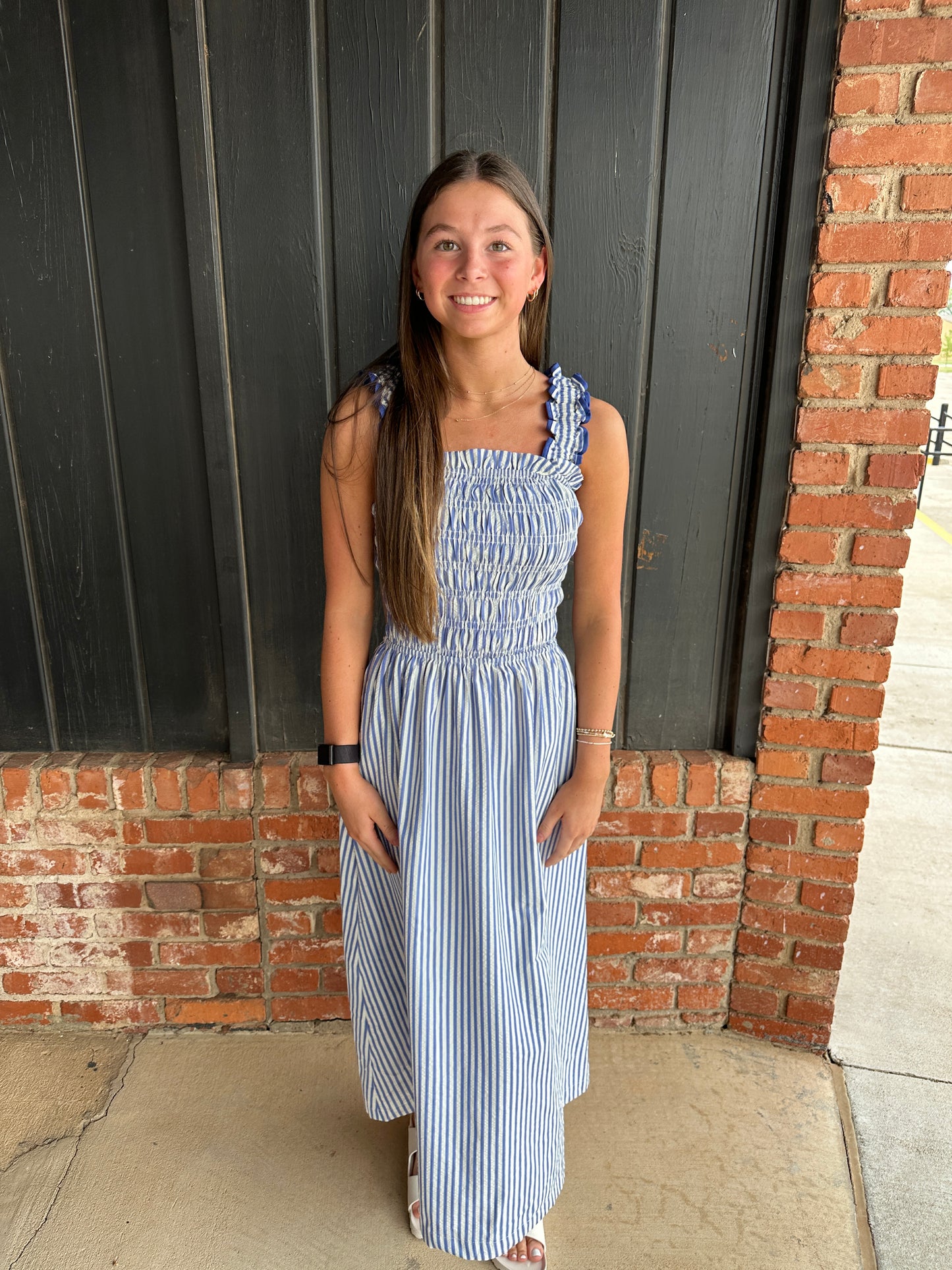 Blue Elastic ruffle shoulder strap dress