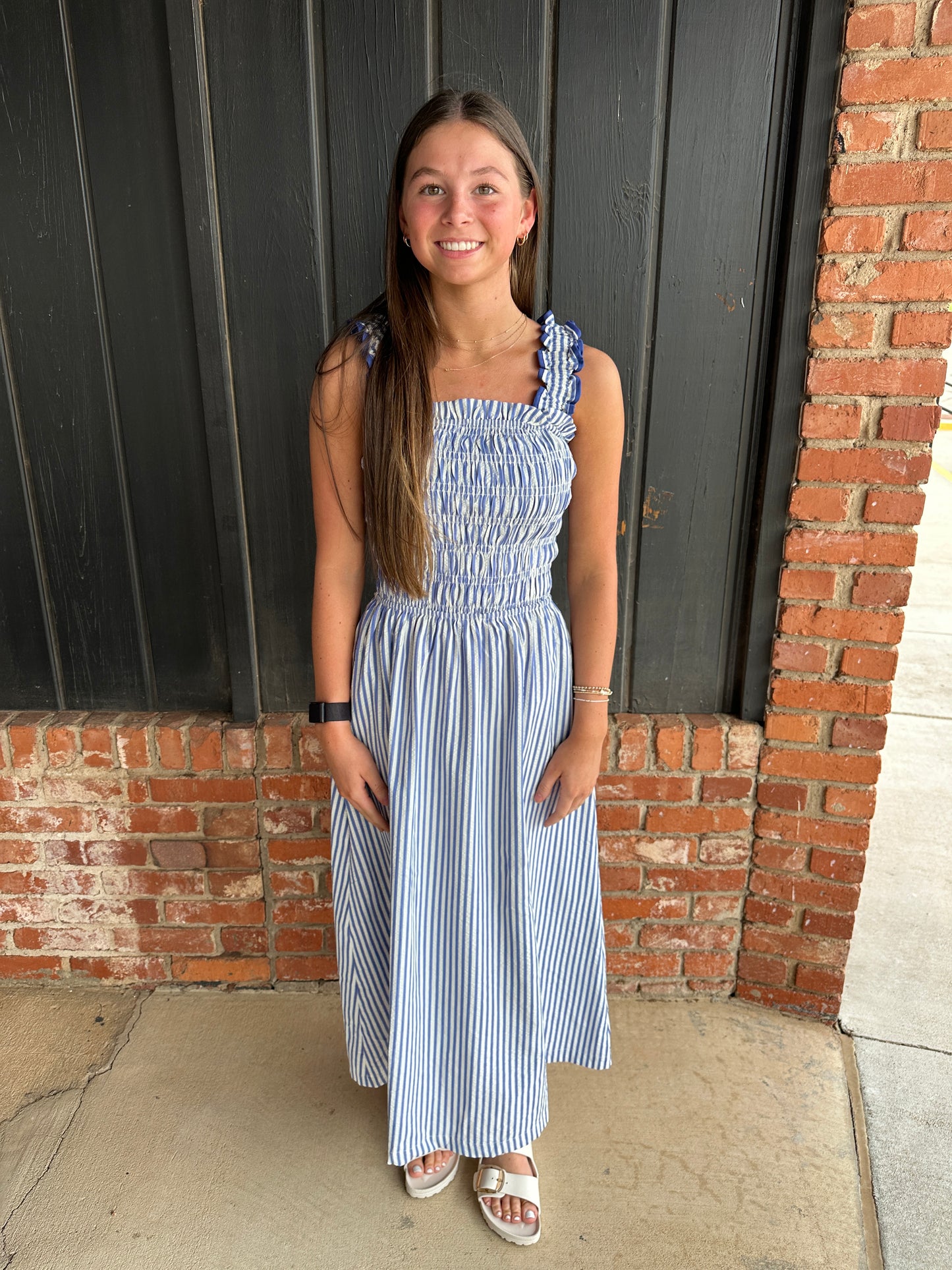 Blue Elastic ruffle shoulder strap dress