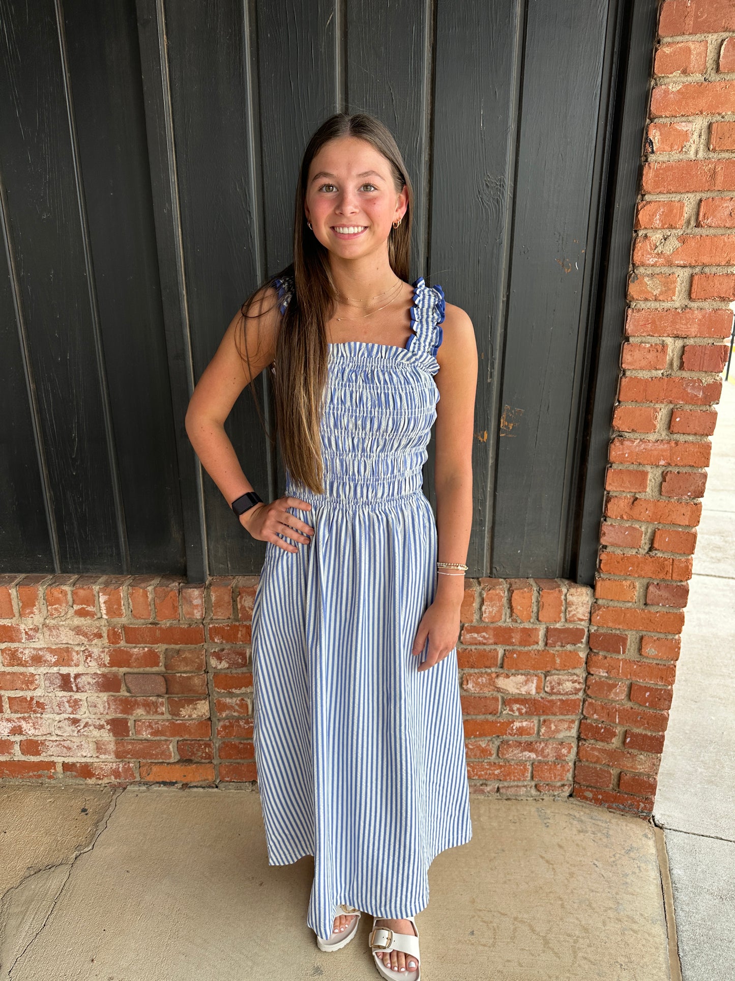 Blue Elastic ruffle shoulder strap dress