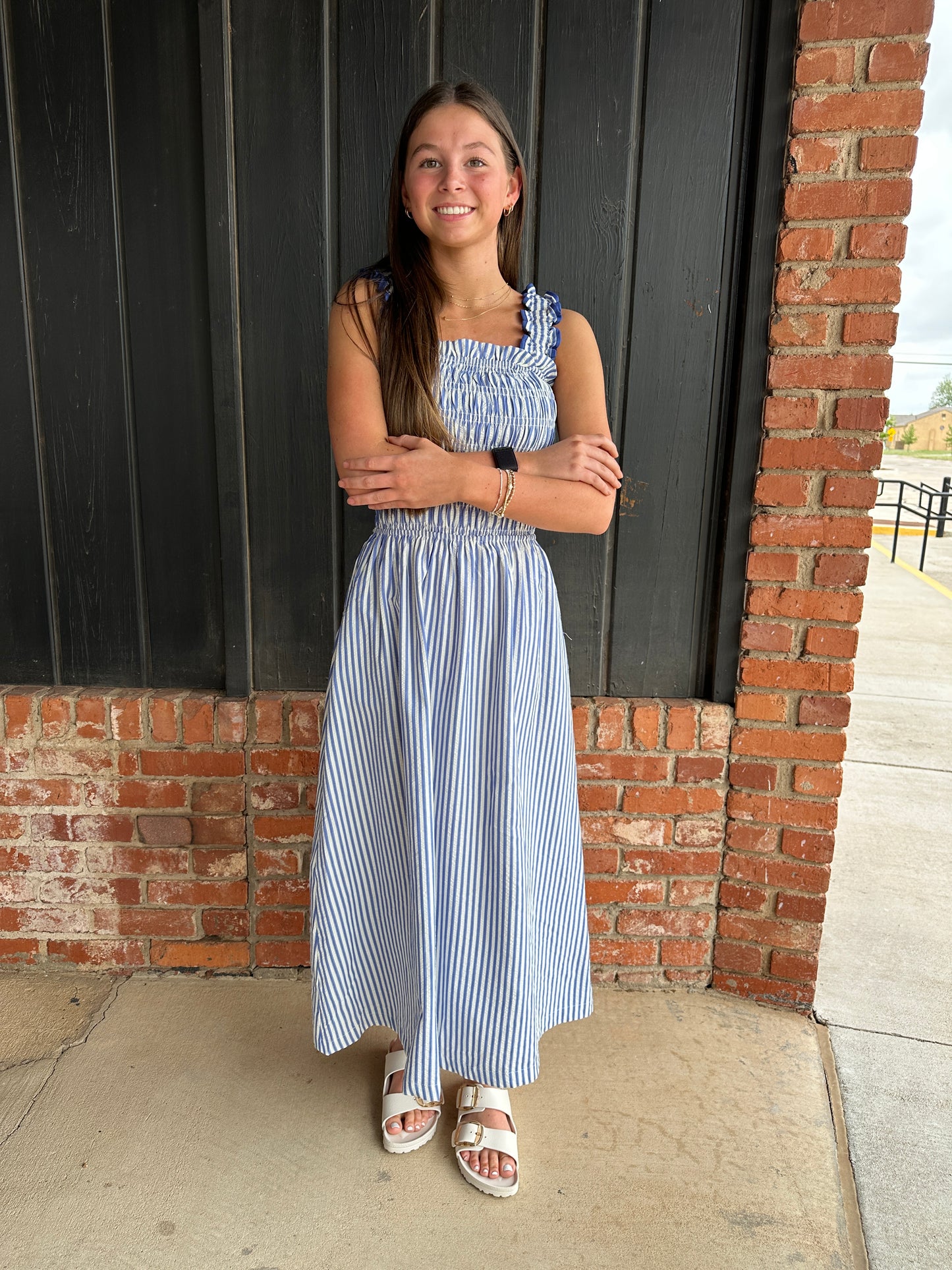 Blue Elastic ruffle shoulder strap dress