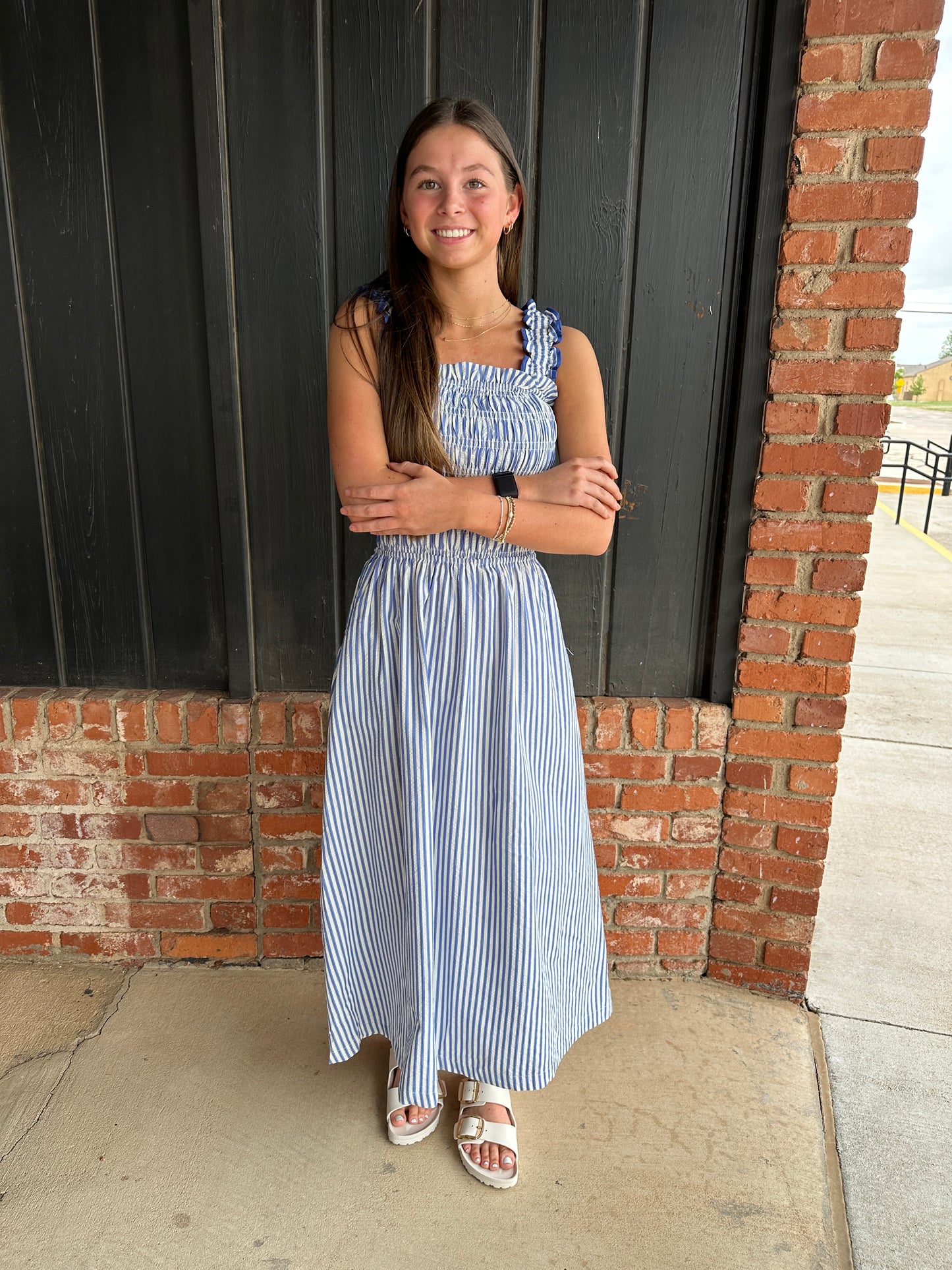 Blue Elastic ruffle shoulder strap dress