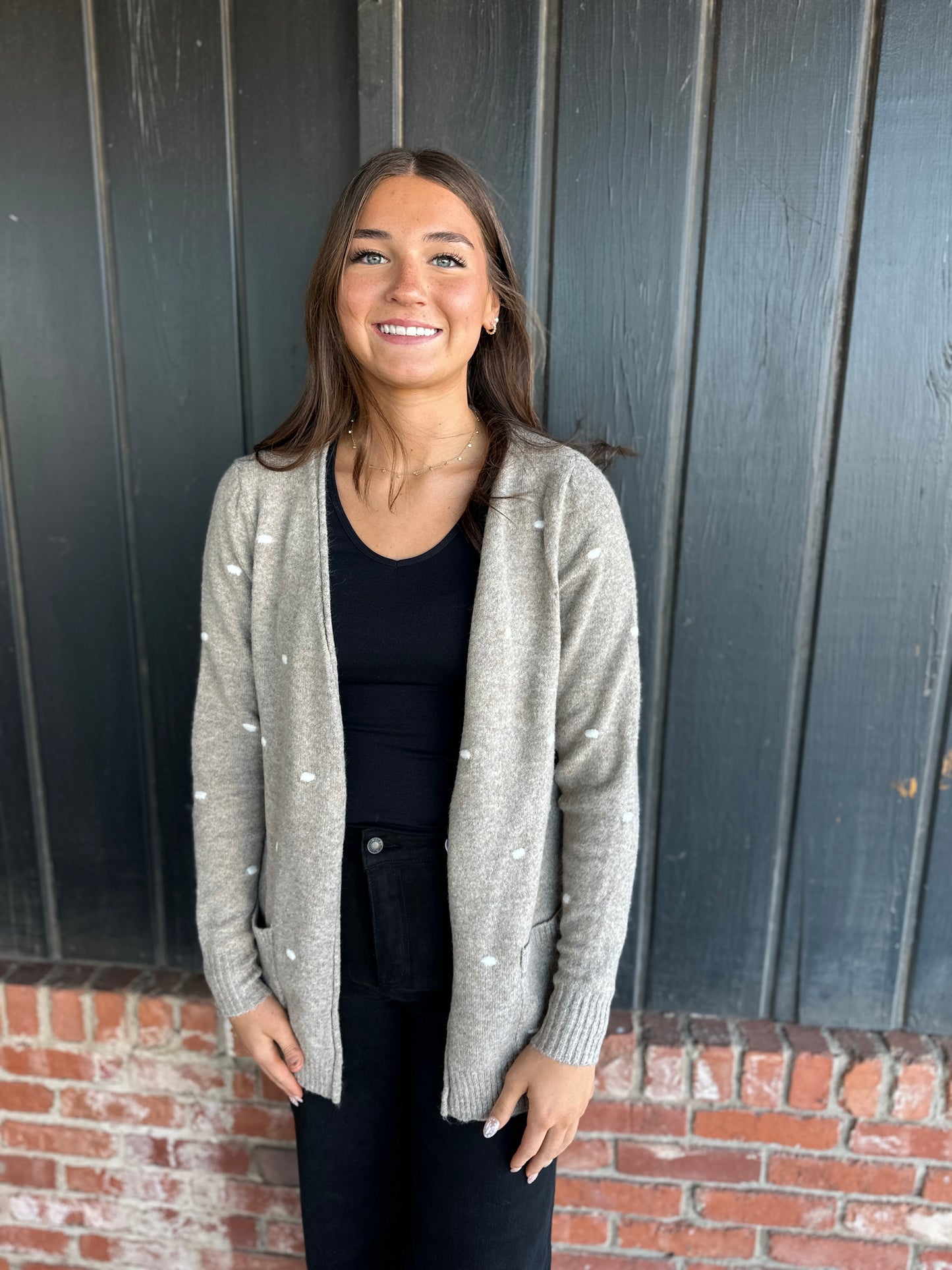 Mocha Pompom Dotted Sweater Cardigan