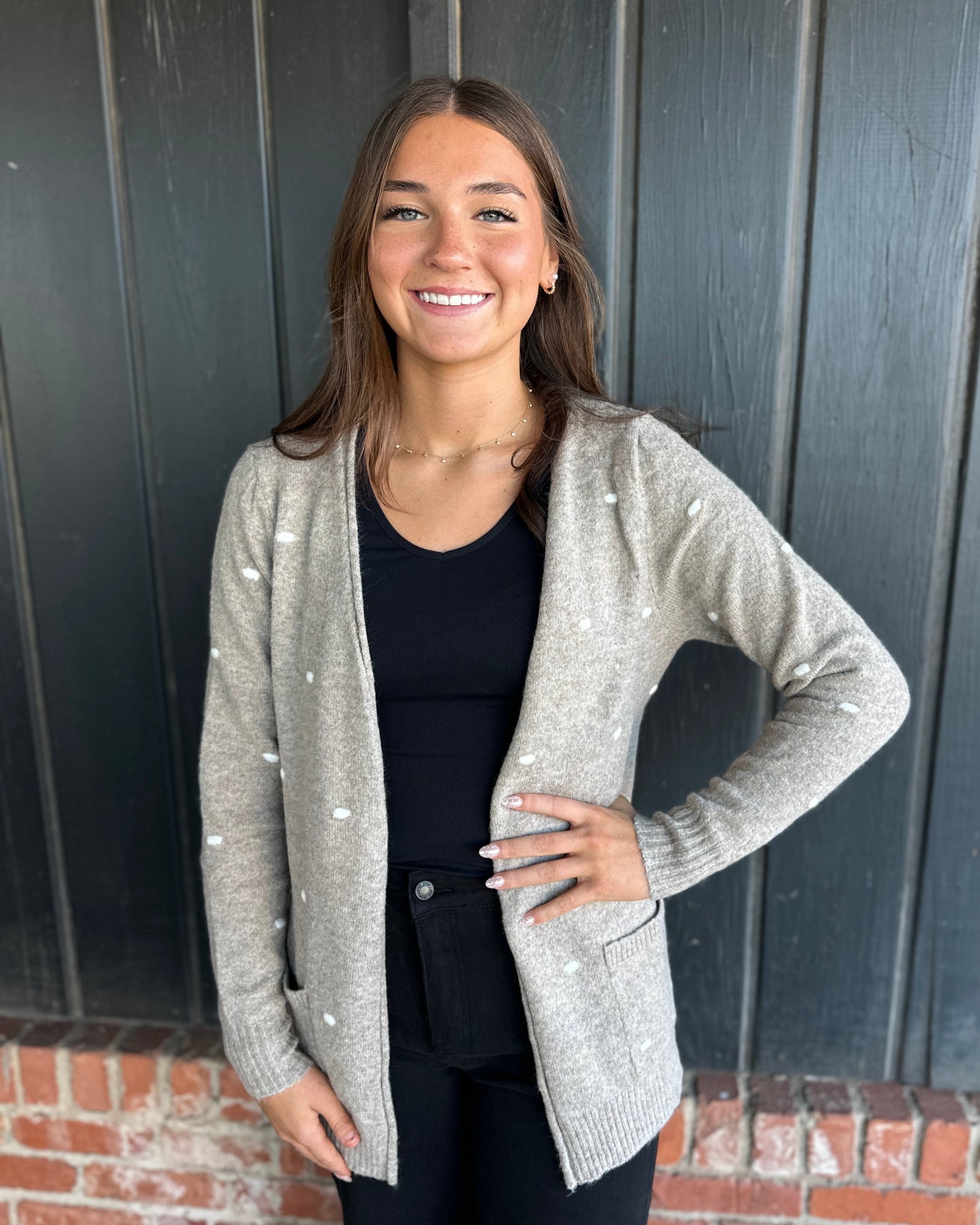 Mocha Pompom Dotted Sweater Cardigan