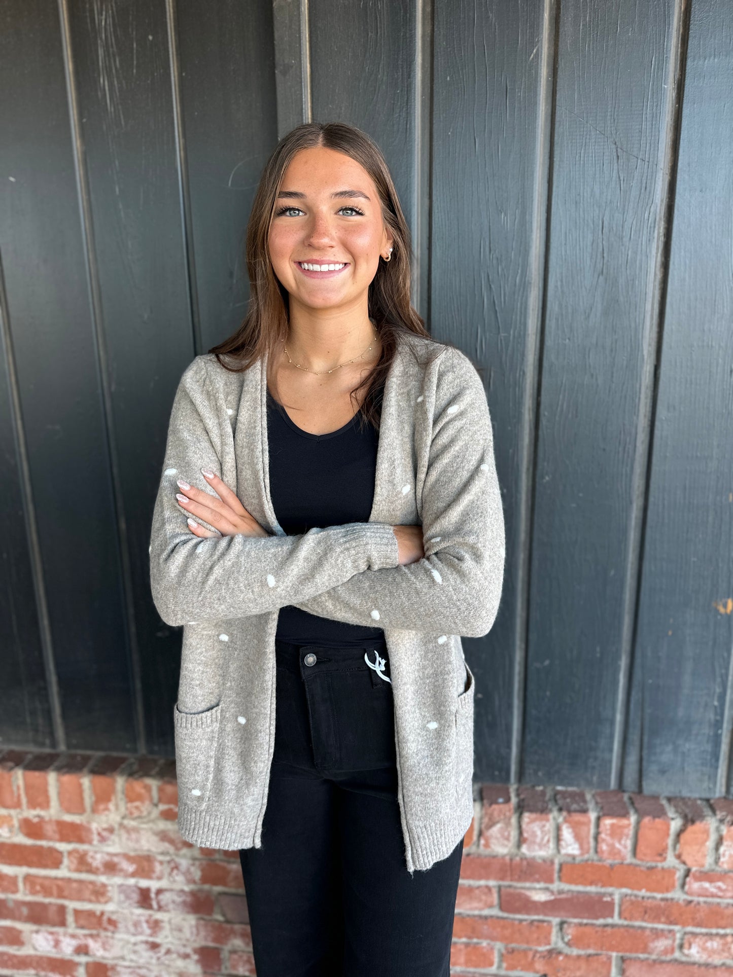 Mocha Pompom Dotted Sweater Cardigan