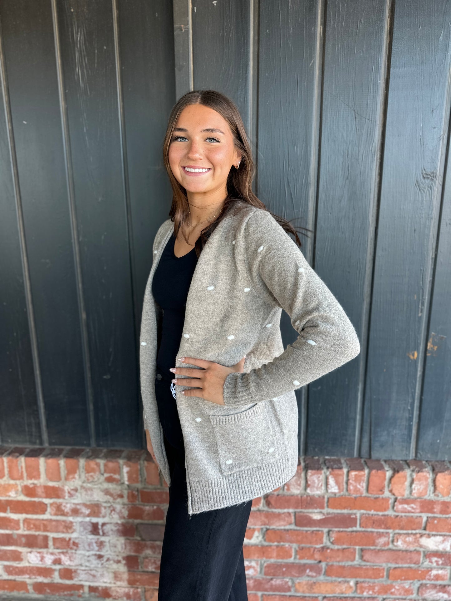 Mocha Pompom Dotted Sweater Cardigan