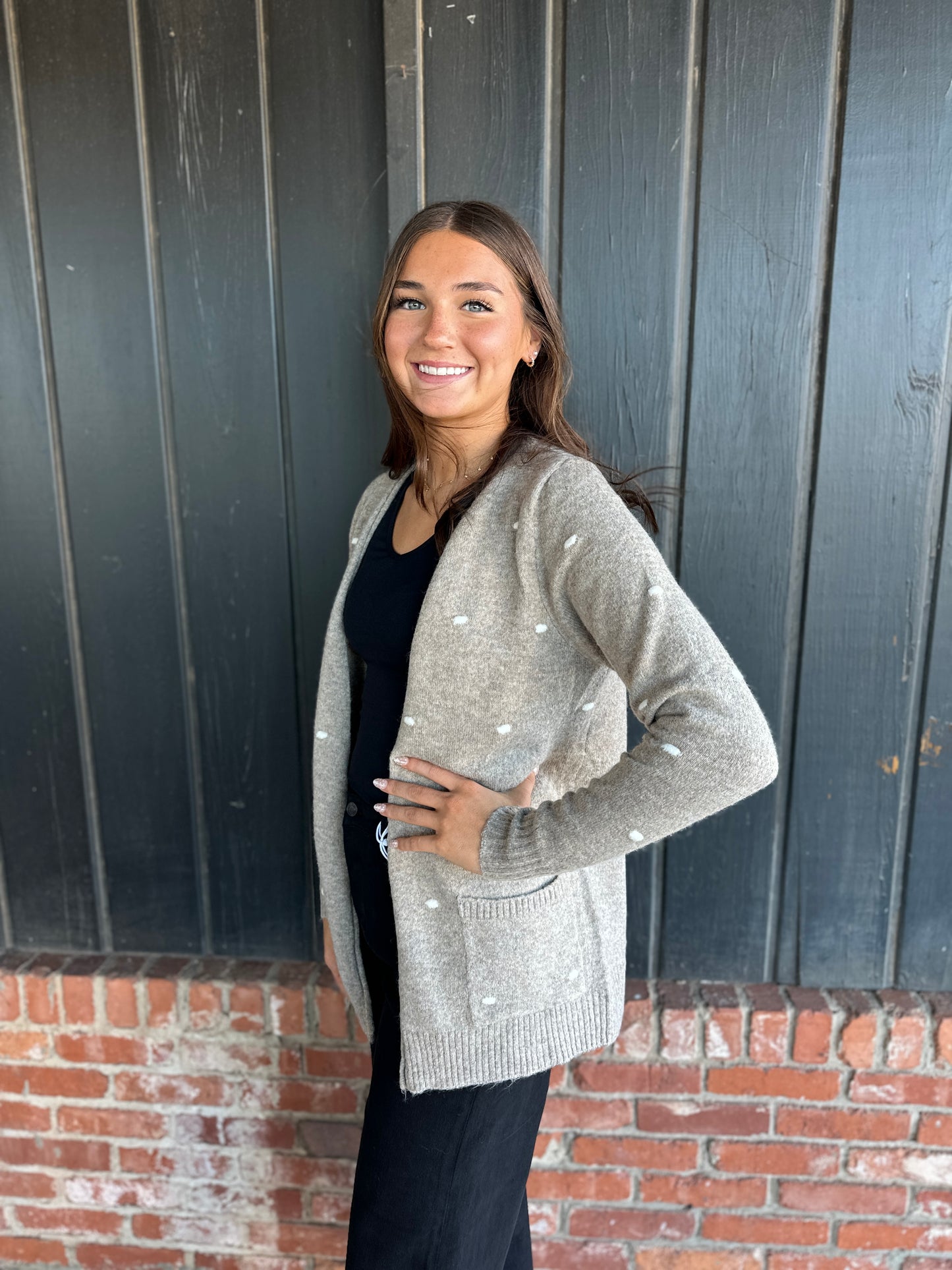 Mocha Pompom Dotted Sweater Cardigan