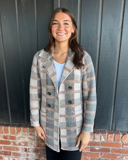 Copper Tailor Collar Plaid Heavy Sweater Cardigan