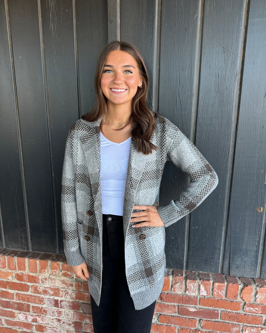 Charcoal Tailor Collar Plaid Heavy Sweater Cardigan