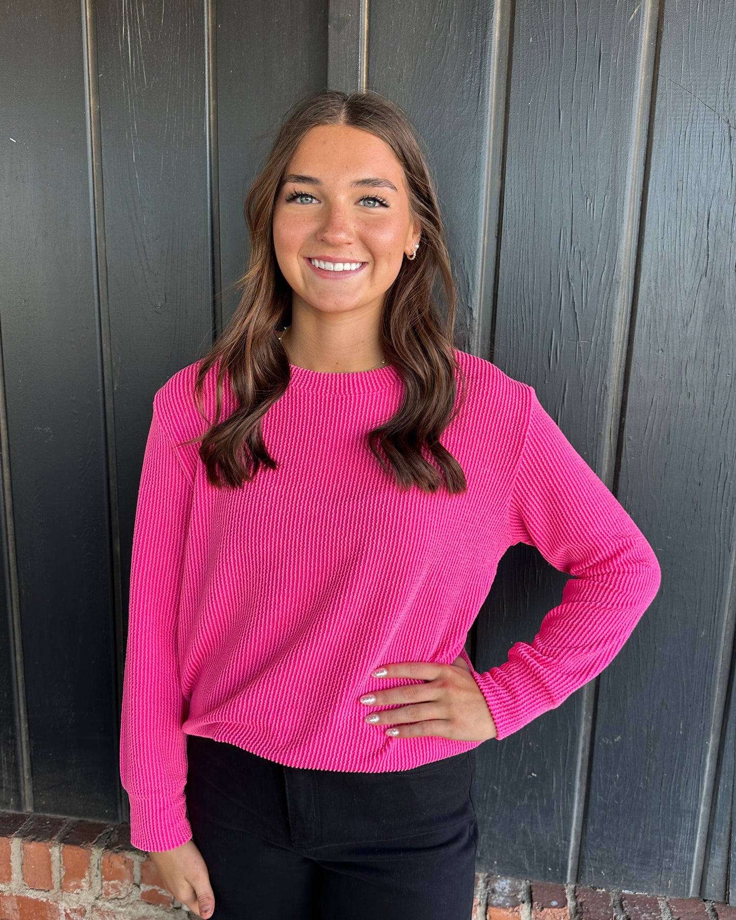 Hot Pink raised rib round neck top