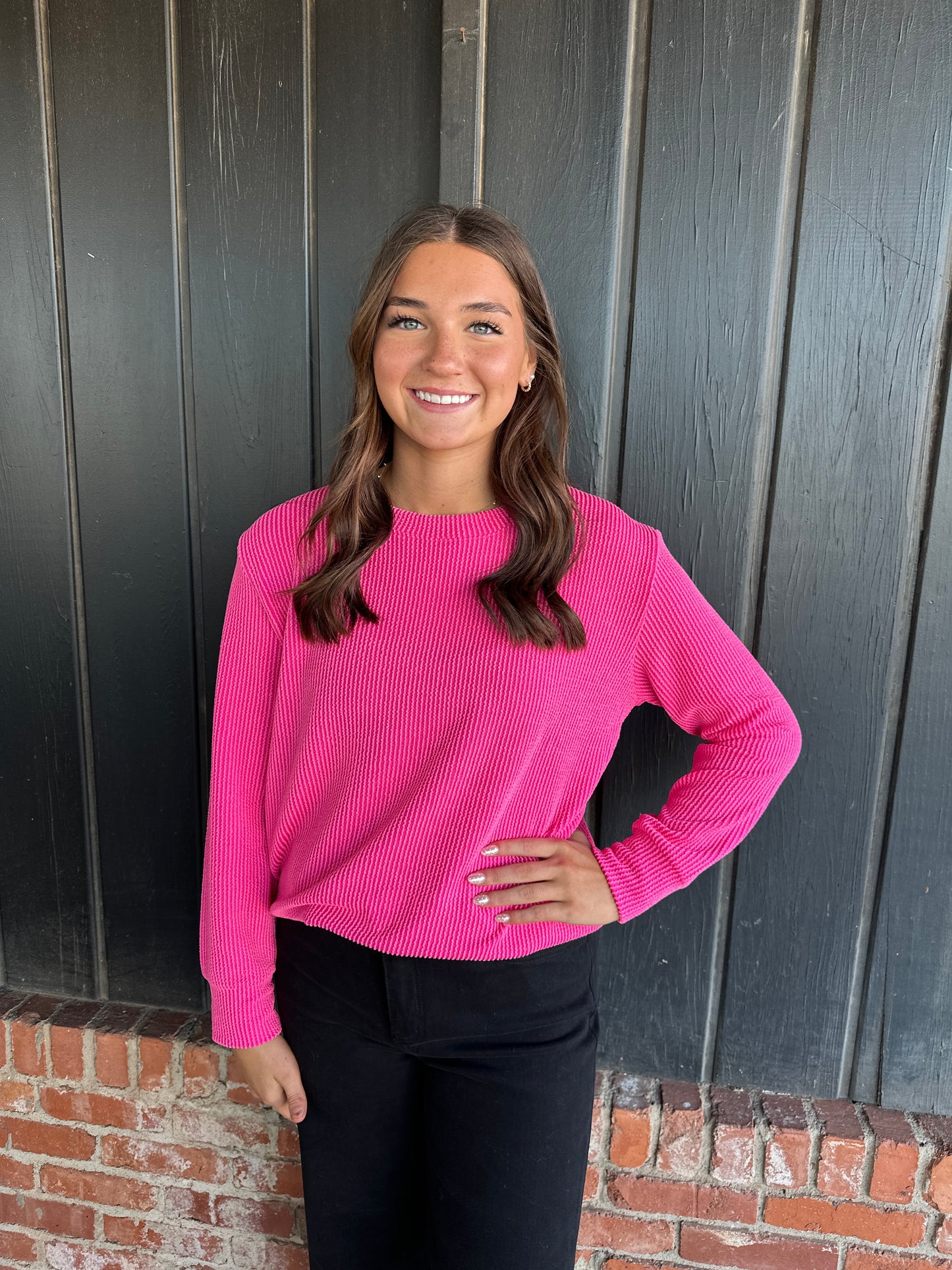 Hot Pink raised rib round neck top