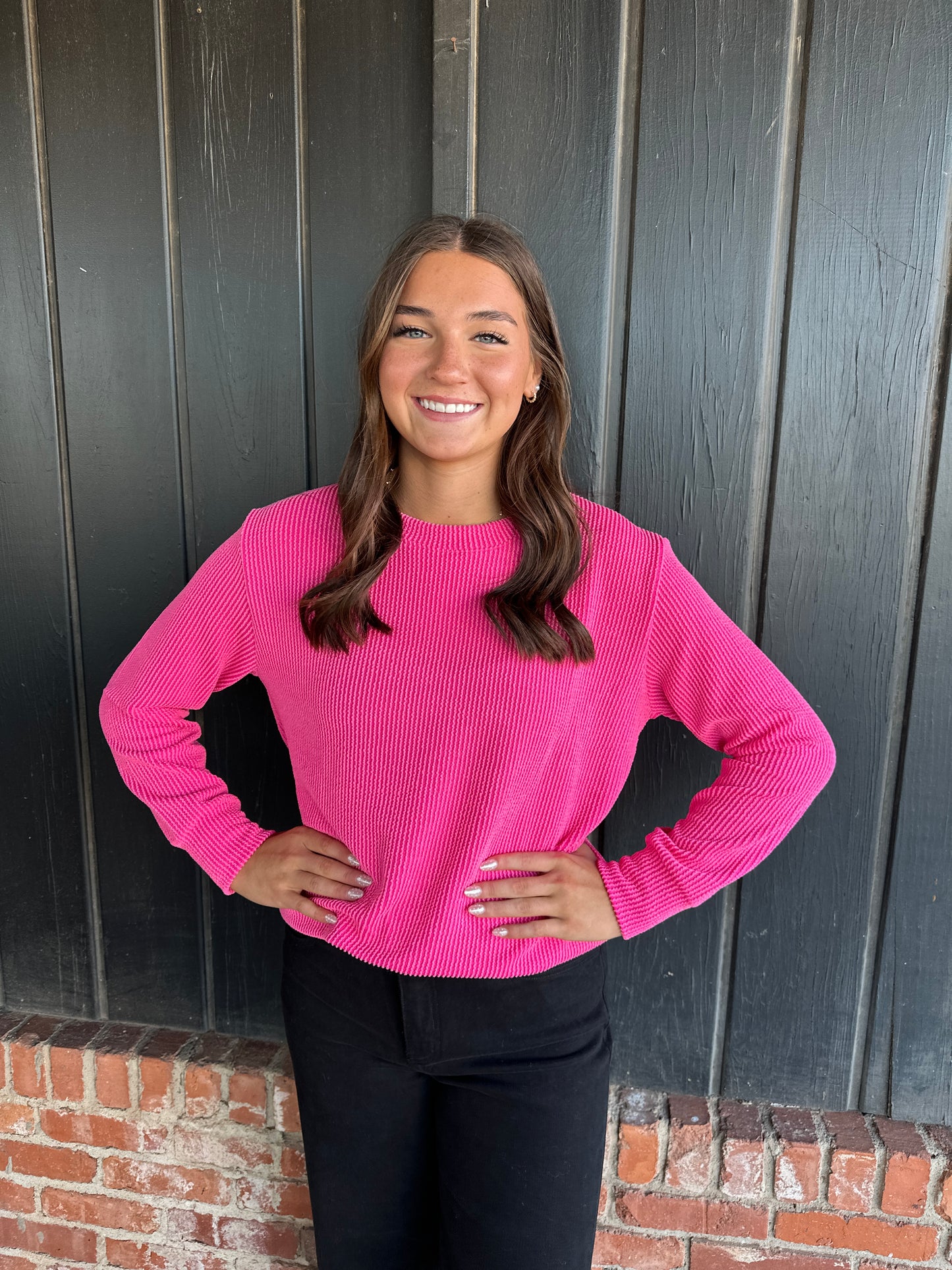 Hot Pink raised rib round neck top
