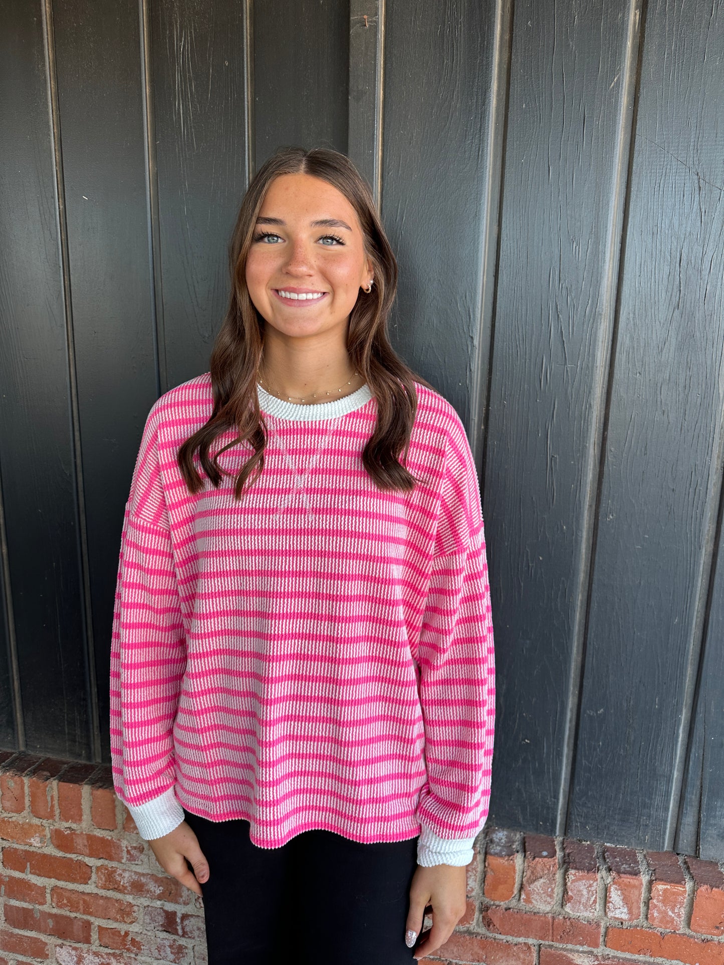 Hot pink raised rib striped round neck