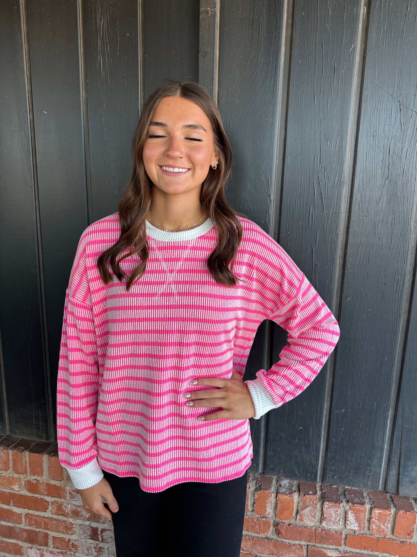 Hot pink raised rib striped round neck