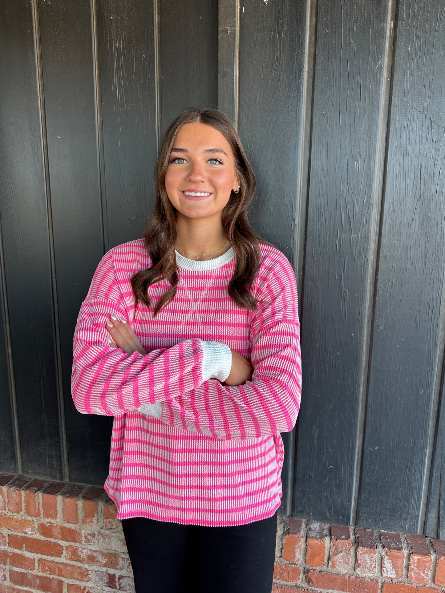 Hot pink raised rib striped round neck