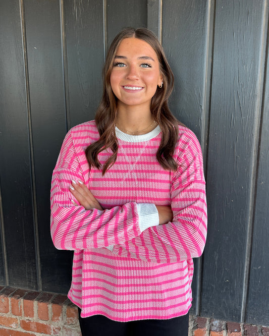 Hot pink raised rib striped round neck