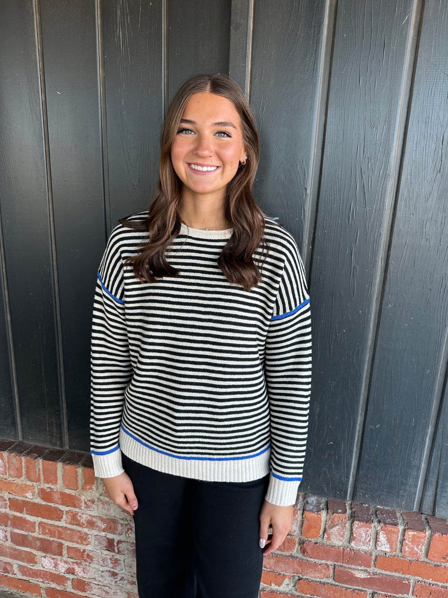 Blue Color Contrasted Textured Black Stripe Sweater