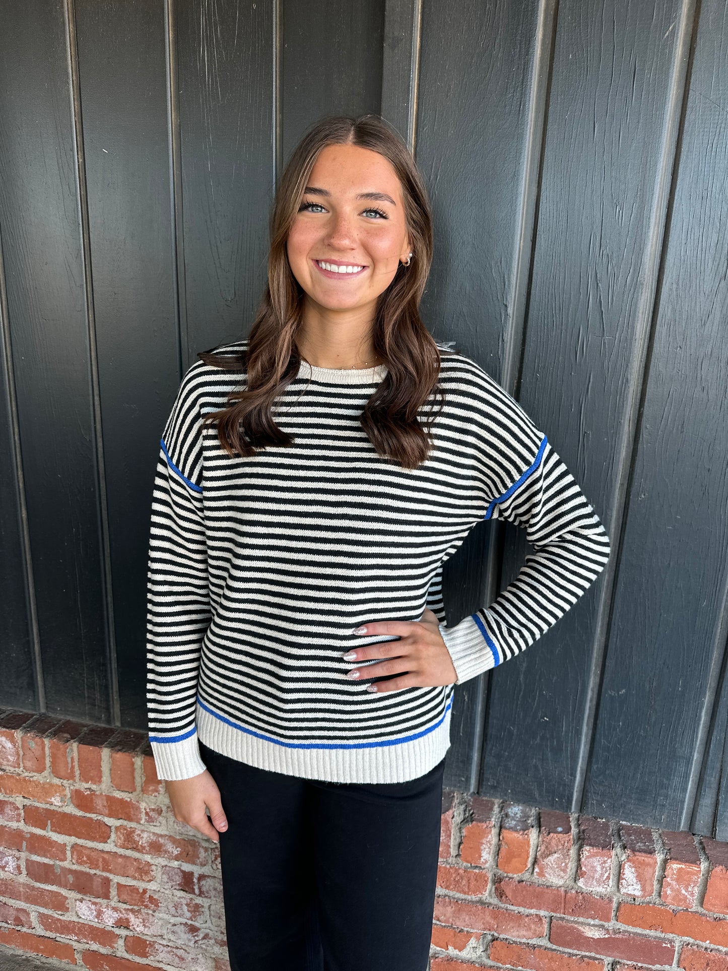 Blue Color Contrasted Textured Black Stripe Sweater