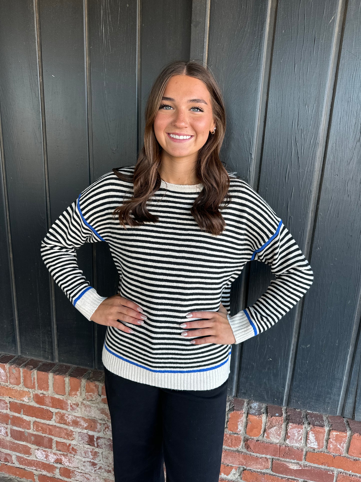 Blue Color Contrasted Textured Black Stripe Sweater