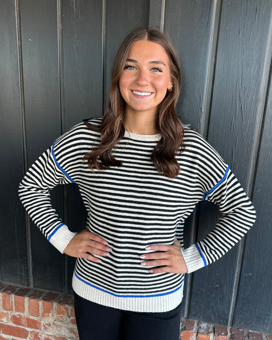 Blue Color Contrasted Textured Black Stripe Sweater